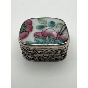 Vintage Chinese Export Silver Filigree Hand Painted Porcelain Floral Trinket Box
